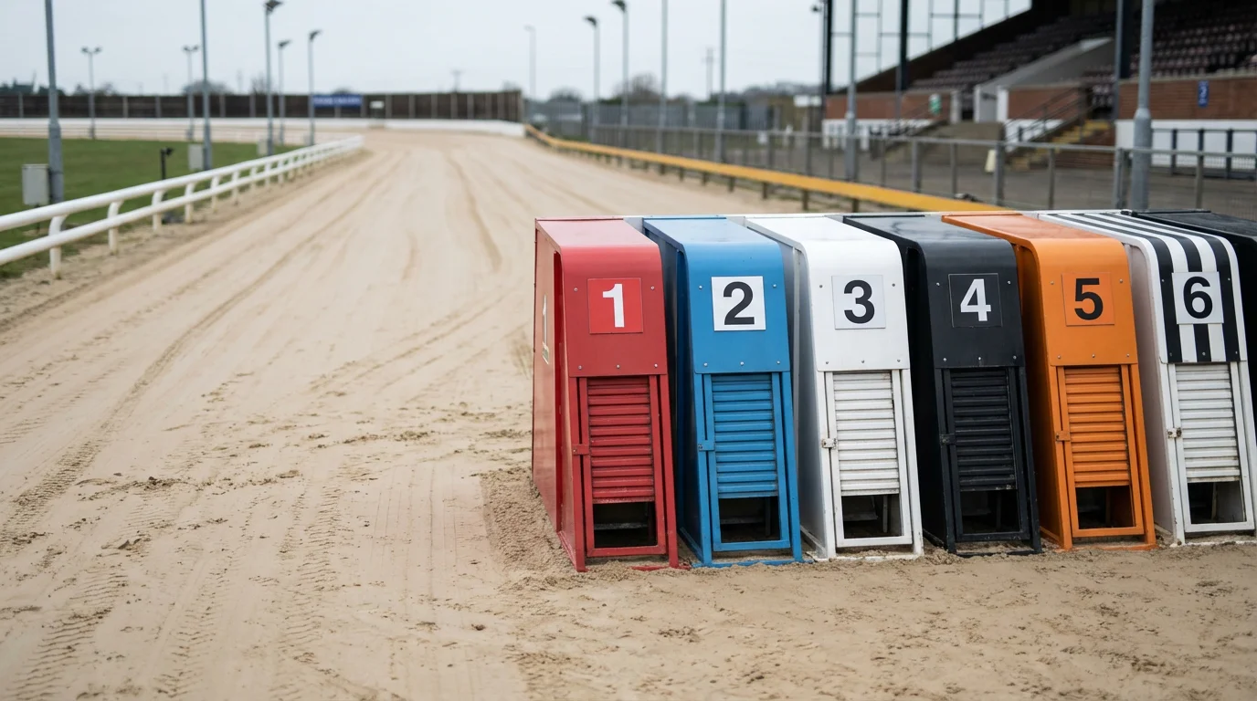 Aerial view of a UK greyhound racing track showing trap positions 1 through 6 at the starting line